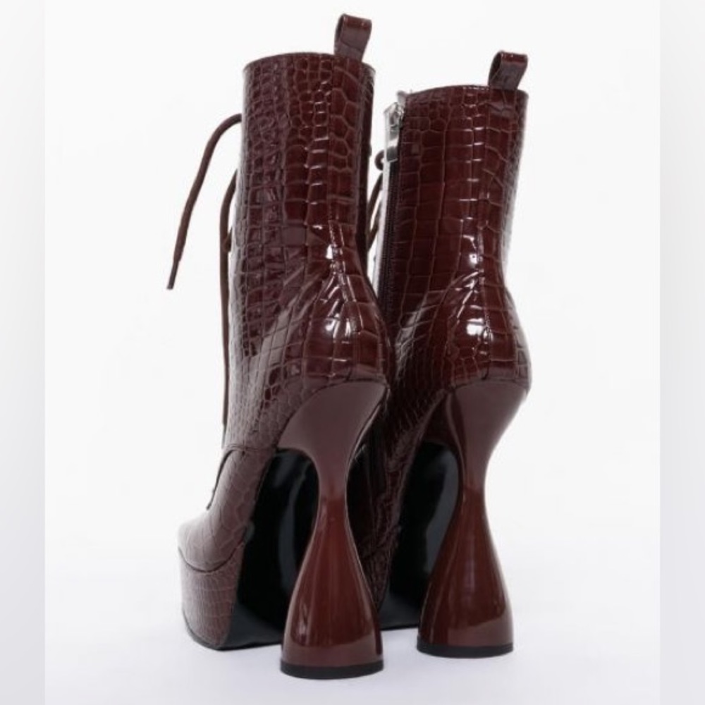 Azalea Wang Chocolate Brown Croc Patent Leather Platform Boot - Picture 4 of 5